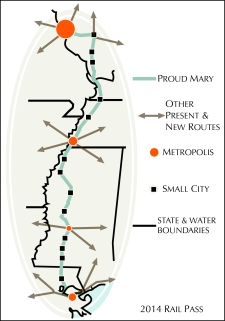 A proposed map of the Proud Mary. Note: this alignment includes a reroute through Tunica, MS and Clarksdale, MS.